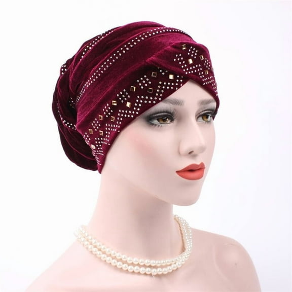 Women Velvet Crystal Beanie Hat Stretch Turban Cap Headwear Hair Wrap Headwrap
