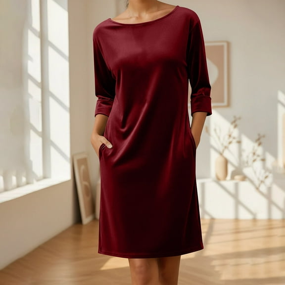 Women Velvet Dresses 3/4 Sleeve Shirt Dress Vintage Velvet Solid Color Crewneck Midi Tunic Dress Casual Fall Outfits with Pockets