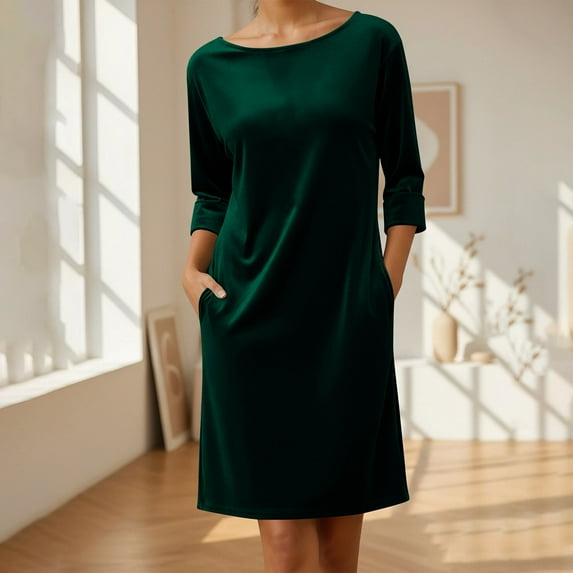 Women Velvet Dresses 3/4 Sleeve Shirt Dress Vintage Velvet Solid Color Crewneck Midi Tunic Dress Casual Fall Outfits with Pockets