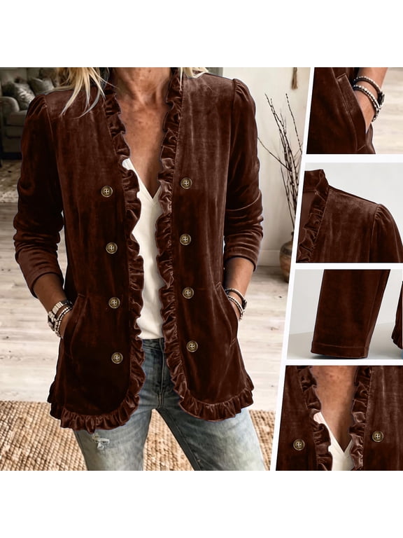 Women Velvet Jackets Vintage Fashion Casual Plus Size Outwear Long Sleeve Open Front Ruffled Coat with Pockets (L, Brown)