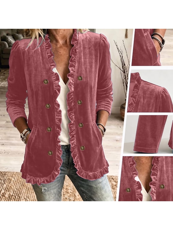 Women Velvet Jackets Vintage Fashion Casual Plus Size Outwear Long Sleeve Open Front Ruffled Coat with Pockets (XL, Pink)