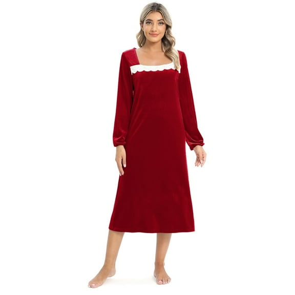 Women Velvet Long Nightgowns Long Sleeve Sleepwear Vintage Lace Trim Nightdress Gown Pajamas