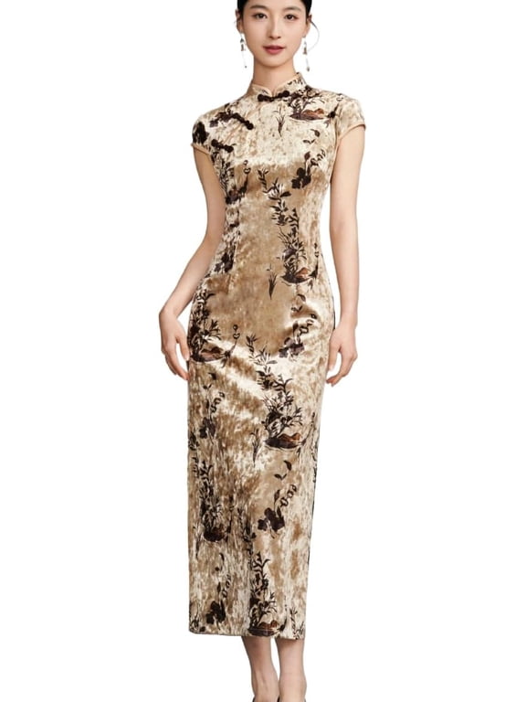 Women Velvet Qipao Dress Cap Sleeve Mandarin Collar Frog Button Ink Landscape Print Long Cheongsam Side Slit for Evening Party