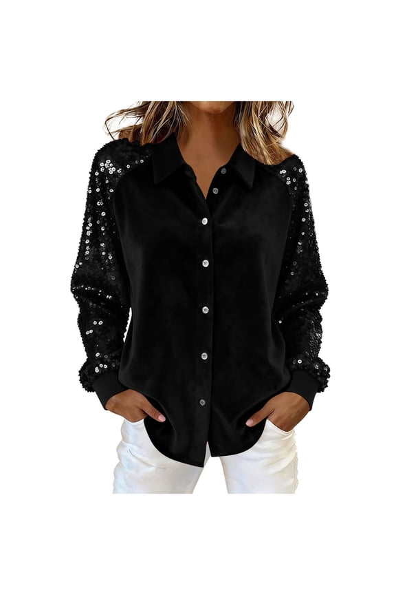 Women's Spring Tops Long Sleeve Velvet Sequin Top Button Down Collared Blouse Glitter Party Shirts Velvet Blouses for Women