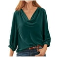 thumbnail image 1 of Women Velvet T Shirts Casual 3/4 Sleeve Solid Shirt Cowl Neck Drape Ruched Front Long Sleeve Blouses Tops, 1 of 2