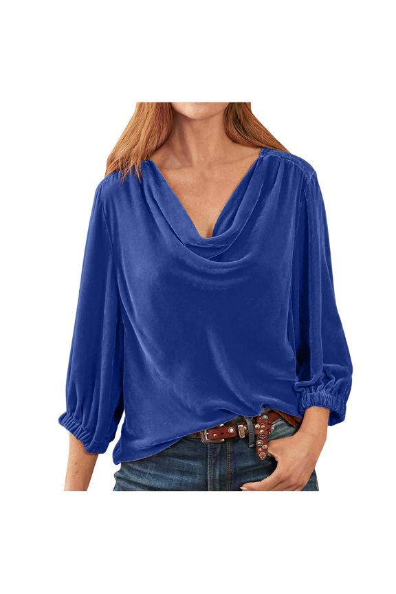 Women Velvet T Shirts Casual 3/4 Sleeve Solid Shirt Cowl Neck Drape Ruched Front Long Sleeve Blouses Tops