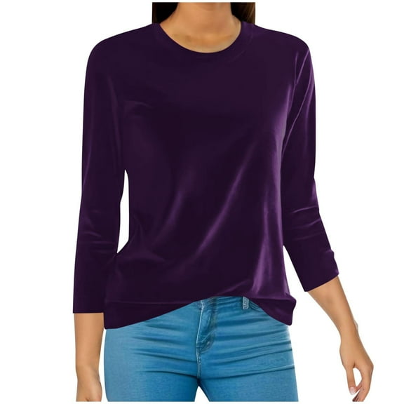 Women Velvet Top Shirts Dressy 3/4 Sleeve Blouses Basic Velour Blouses Round Neck Plus Size Tunic Tshirts Loose Tunic Outfits Casual Pullover Tees Tops 2025 Fashion Clothing