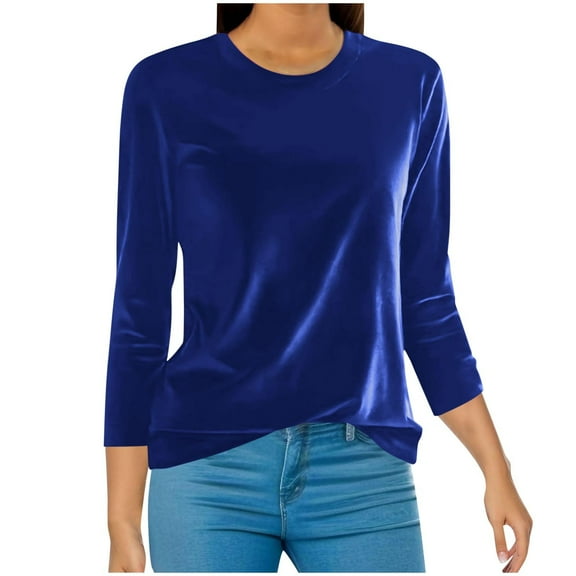 Women Velvet Top Shirts Dressy 3/4 Sleeve Blouses Basic Velour Blouses Round Neck Plus Size Tunic Tshirts Loose Tunic Outfits Casual Pullover Tees Tops 2025 Fashion Clothing