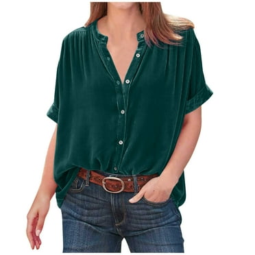 Women Velvet Tops Loose V Neck Button Blouses Solid Soft Shirts Vintage Velour Tunic Short Sleeve Folded T Shirt