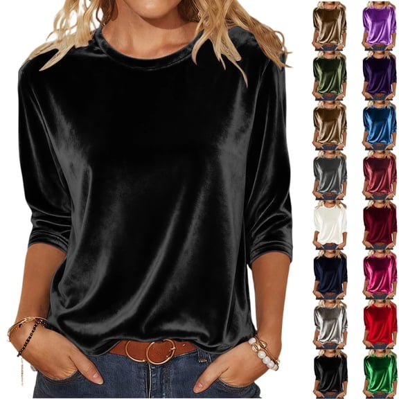 Women Velvet Tops Three Quarter Length Sleeve T Shirts 3/4 Sleeves Pullover Casual Dressy Velour Tunic Blouses,Black S