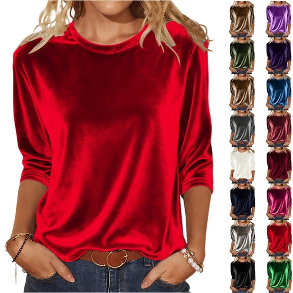 Women Velvet Tops Three Quarter Length Sleeve T Shirts 3/4 Sleeves Pullover Casual Dressy Velour Tunic Blouses,Red XXL