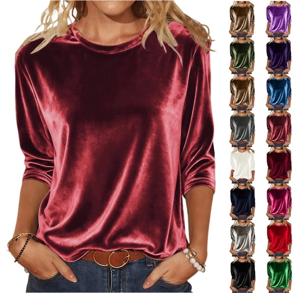 Women Velvet Tops Three Quarter Length Sleeve T Shirts 3/4 Sleeves Pullover Casual Dressy Velour Tunic Blouses,Watermelon Red S