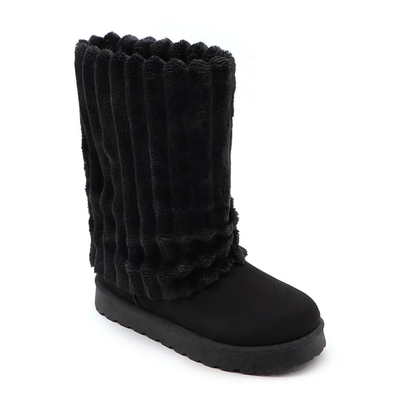 Women Vertical Ribbed Mid Calf Snow Boots, Warm Lined Slip On Winter Boots, Platform Sole Casual Boots for Indoor Outdoor Daily Wear