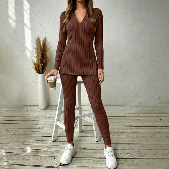 Women Vertical Ribbed V Neck Long Sleeve Top Skinny Pants 2 Piece Athletic Workout Outfit Sets Brown XXL