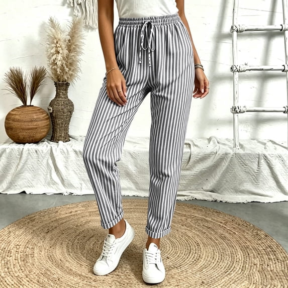 Women Vertical Striped Jogger Pants Elastic Waist Drawstring Loose Fit Daily Beach Lounge Bottoms with Pockets