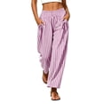 thumbnail image 1 of Women Vertical Striped Wide Leg Ankle Pants, Elastic Drawstring High Rise Loose Cropped Trousers with Functional Side Pockets Lightweight Daily Matching Pants Pink XL(XL), 1 of 6