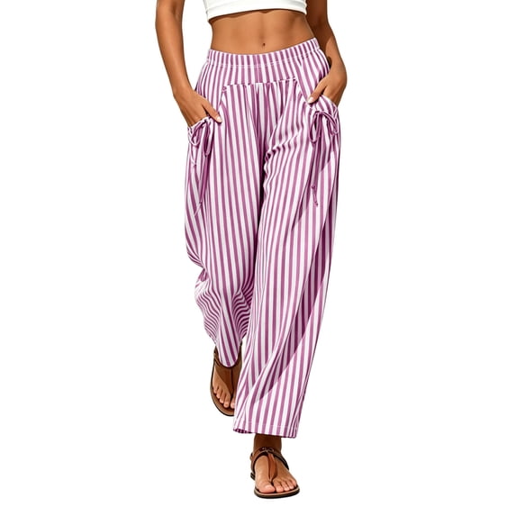 Women Vertical Striped Wide Leg Ankle Pants, Elastic Drawstring High Rise Loose Cropped Trousers with Functional Side Pockets Lightweight Daily Matching Pants Pink XL(XL)