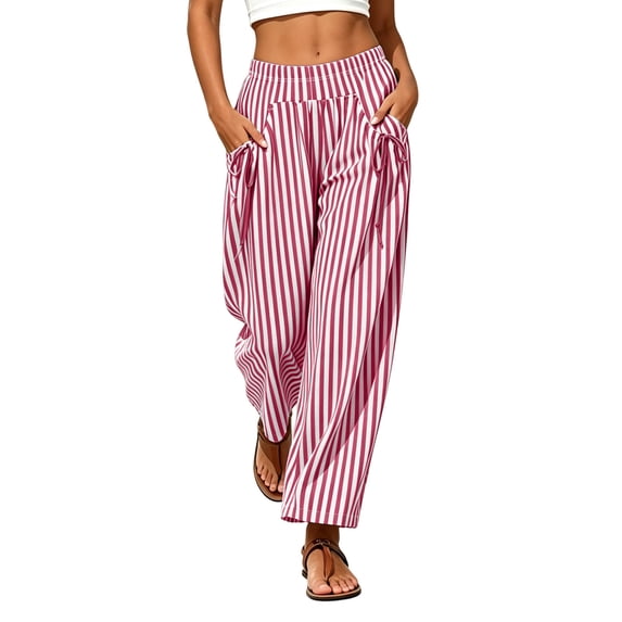 Women Vertical Striped Wide Leg Ankle Pants, Elastic Drawstring High Rise Loose Cropped Trousers with Functional Side Pockets Lightweight Daily Matching Pants Red S(S)