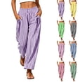 thumbnail image 1 of Women Vertical Striped Wide Leg Ankle Pants, Elastic Drawstring High Rise Loose Cropped Trousers with Functional Side Pockets Lightweight Daily Matching Pants Purple XL(XL), 1 of 7