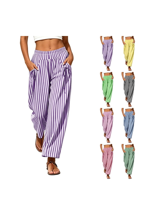 Women Vertical Striped Wide Leg Ankle Pants, Elastic Drawstring High Rise Loose Cropped Trousers with Functional Side Pockets Lightweight Daily Matching Pants Purple XL(XL)