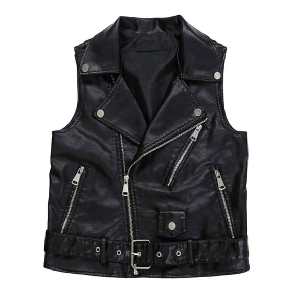 Women Vest Coat Faux Leather Smooth Surface Belt Decor Turn-down Collar Zip-up Sleeveless Zipper Pockets Retro Motorcycle Waistcoat Commuting Travel Outerwear