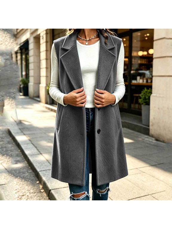 Women Vest Jacket Solid Color Longline Wool Blend Coat Notched Lapel Button Front Jacket with Pockets Warm Outerwear for Fall Winter Daily Office and Party Wear