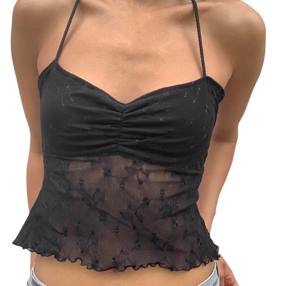 Women Vest, Sleeveless Lacing Halterneck Backless Flower See-through Patchwork Summer Tops for Club Party
