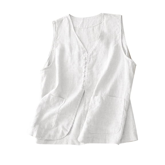 Women Vests Cotton Linen Sleeveless V Neck Button Open Front Polyester Spring Summer Casual Wear