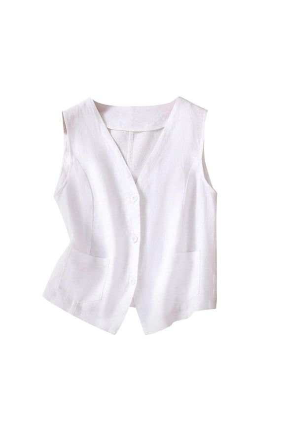 Women Vests Cotton Linen Sleeveless V Neck Button Open Front Polyester Spring Summer Casual Wear