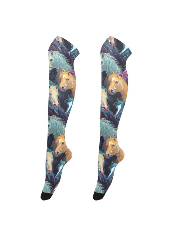 Women Vibrant Neon Horses Pattern Over Knee Thigh High Socks