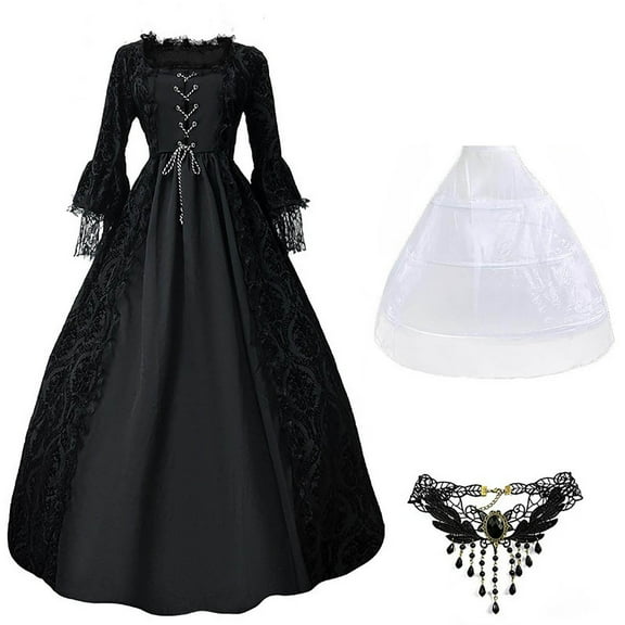 Women Victorian Ball Gown Dress Layered Ruffle Lace Patchwork Gothic Dress Renaissance A Line Smocked Dress
