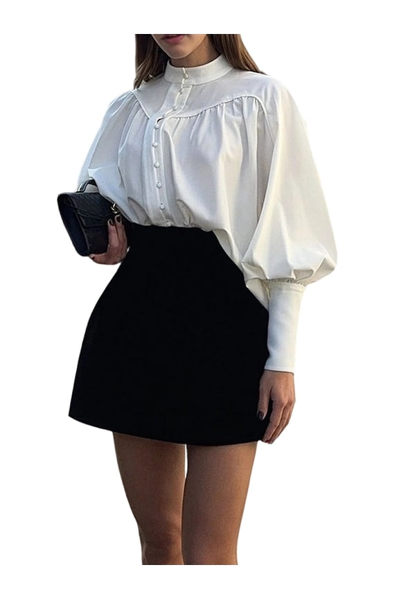 Women Victorian Blouse High Collar Ruffled Shirt Tops White M