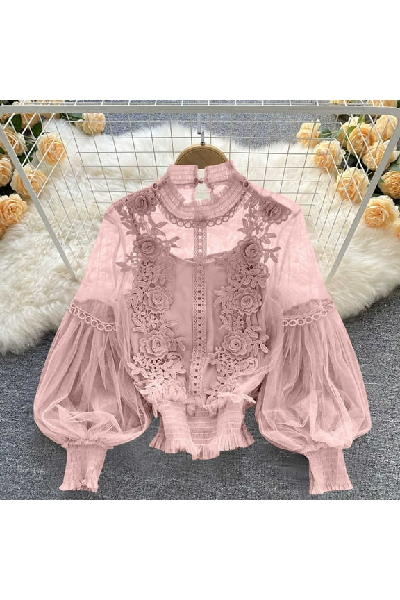 Women Victorian Blouse Vintage Long Sleeve Renaissance Shirt Gothic Button Down Tops Pink Free Size