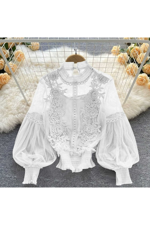 Women Victorian Blouse Vintage Long Sleeve Renaissance Shirt Gothic Button Down Tops White Free Size