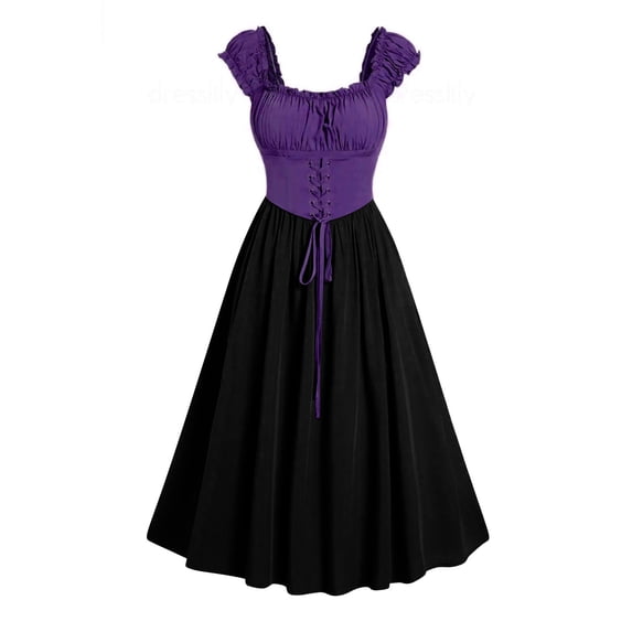 Women Victorian Dress Sleeveless Corset Lace Up Midi Dresses Color Block Patchwork Cottagecore Halloween Clothes