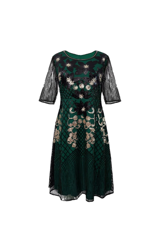 Women Vintage 1920s Sequin Evening Performance Costume Dresses Floary Beaded Cocktail Flapper Dress