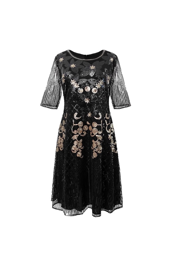 Women Vintage 1920s Sequin Evening Performance Costume Dresses Floary Beaded Cocktail Flapper Dress