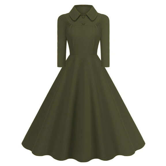Women Vintage 1950s Crew Neck Button Down Dresses Long Sleeves Girdle Swing Dress Cocktail Party Retro Dresses