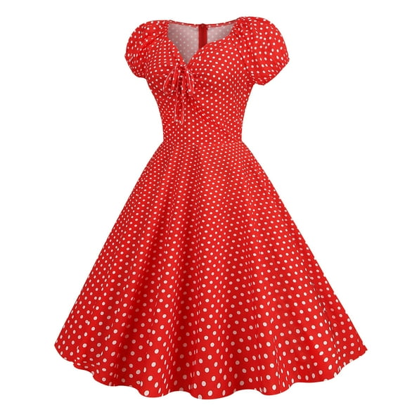 Women Vintage 1950s Retro Rockabilly Prom Dresses Cap-Sleeve V Neck Polka Dots Elegant Cocktail A-Line Swing Dress