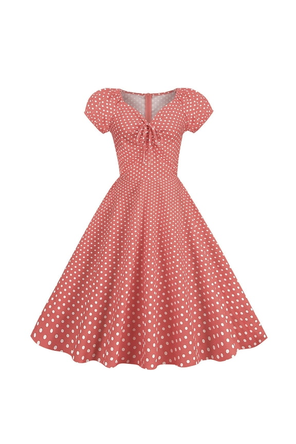 Women Vintage 1950s Retro Rockabilly Prom Dresses Cap-Sleeve V Neck Polka Dots Elegant Cocktail A-Line Swing Dress