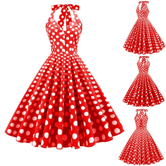 Women Vintage 1950s Rockabilly Dress Polka Dots Lapel Button Cocktail Party Flare Swing Tea Dress