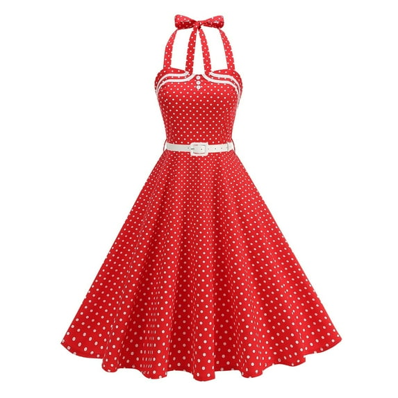 Women Vintage 1950s Swing Dress 50s Retro Hepburn Style Halterneck A-Line Dresses