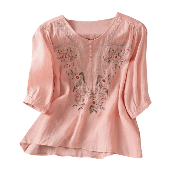 Women Vintage 3/4 Sleeve Embroidered Cotton Linen Shirts Bohemian Tops Floral Blouses Loose Floral Gauze Summer Boho T Shirts Loose Boho Tunics