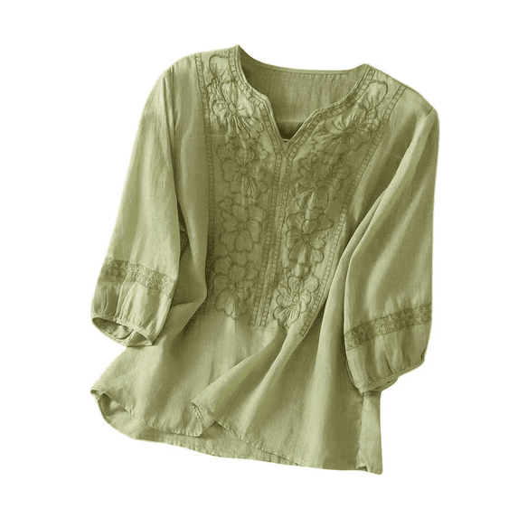 Women Vintage 3/4 Sleeve Embroidered Cotton Linen Shirts Bohemian Tops Floral Blouses Loose Floral Gauze Summer Boho T Shirts Loose Boho Tunics