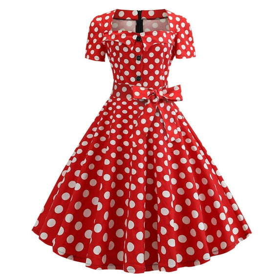 Women Vintage 50s 1950s Dress Square Neck A-line Polka Dot Print Dress Rockabilly Swing Evening Party Cocktail Dresses