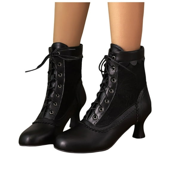 Women Vintage 70s Combat Boots Retro Lace up Ankle Booties Kitten Mid Heel Witch Ankle Booties Shoes