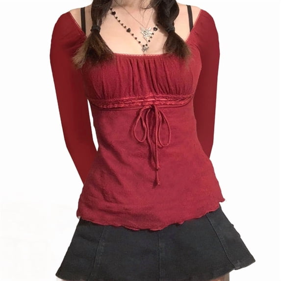 Women Vintage Aesthetic Top Long Sleeve Lace Trim Tight Shirts Y2k Graphic Print Fairy Grunge Top Streetwear Red M