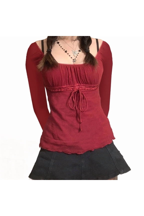 Women Vintage Aesthetic Top Long Sleeve Lace Trim Tight Shirts Y2k Graphic Print Fairy Grunge Top Streetwear Red XL