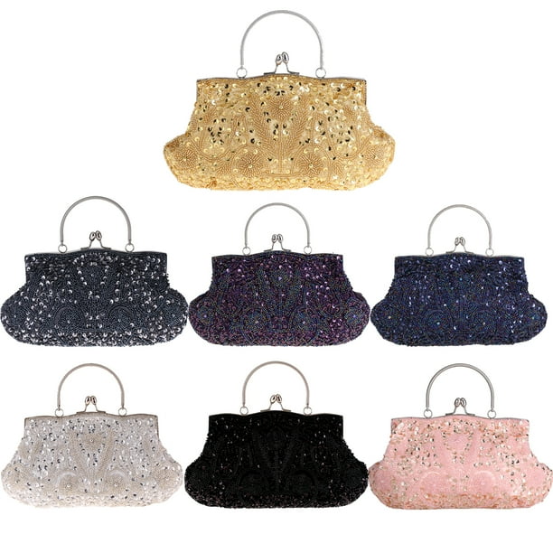 Women Vintage Beaded Sequin Flower Evening Purse Large Clutch Bag with Handle Wedding Cocktail Party Embroidered Bridal Handbag Small Tote Wallet Black Walmart Business Supplies