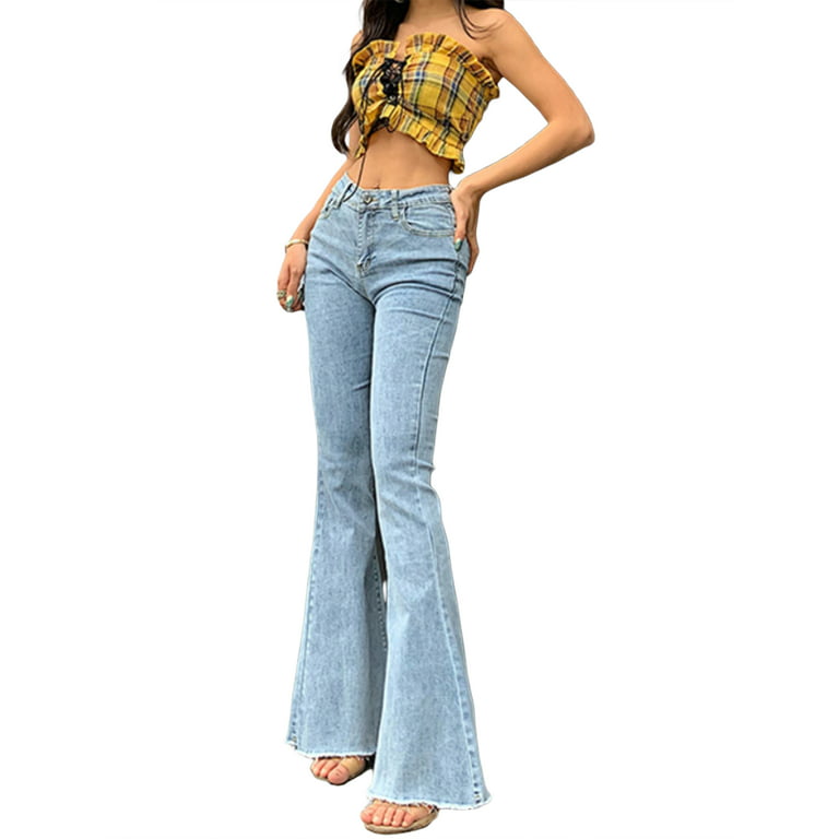 Women Vintage Bell Bottom Jeans Solid Color High Waisted Jeans